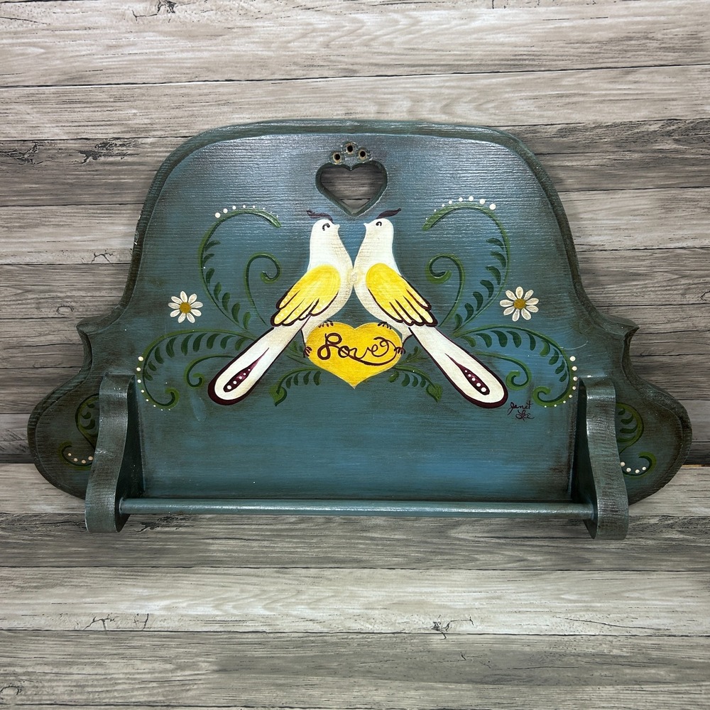 Wood Heart Hand Towel Rack Country Rustic Cottage‎ Love Birds Painted Decor Rack